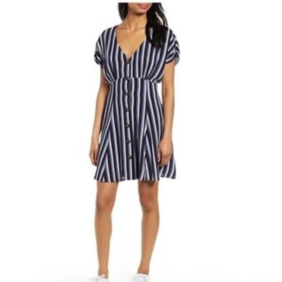 BP Navy Blue White Striped V-Neck Button Front Mini Dress Women's Size Large L - Picture 7 of 8